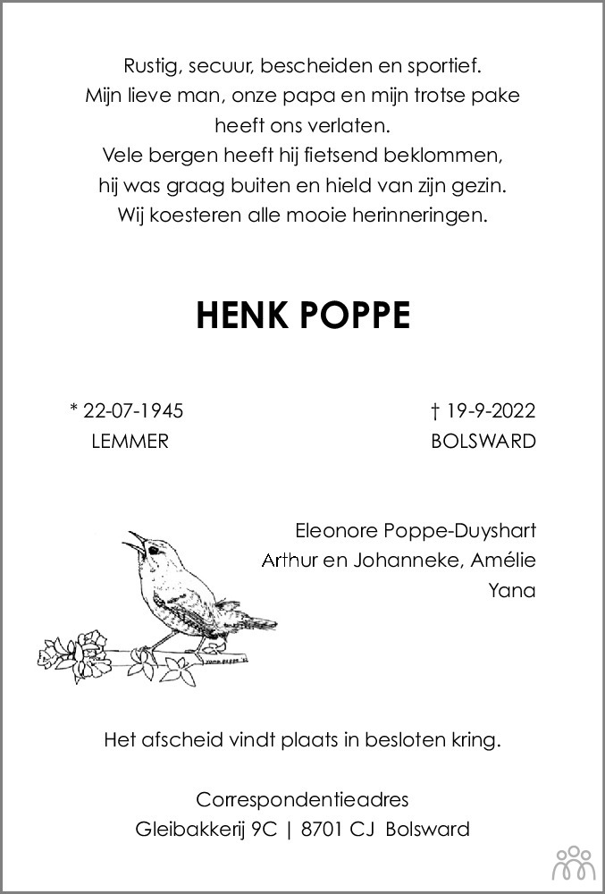 Overlijdensbericht van Henk Poppe in Leeuwarder Courant