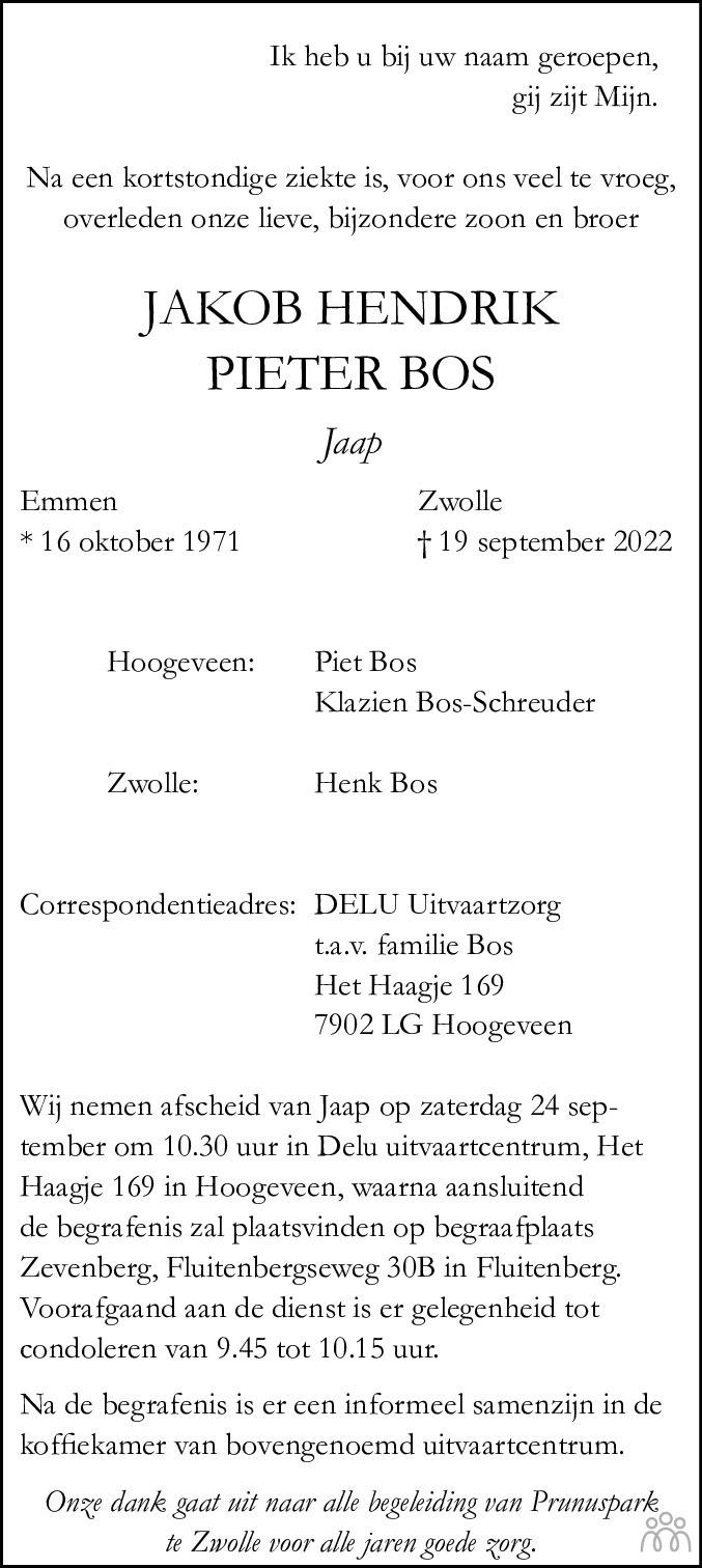 Overlijdensbericht van Jakob Hendrik Pieter (Jaap) Bos in Hoogeveensche Courant