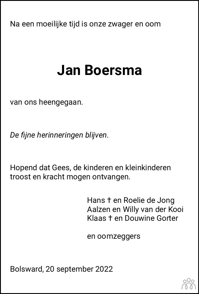Overlijdensbericht van Jan Boersma in Friesch Dagblad