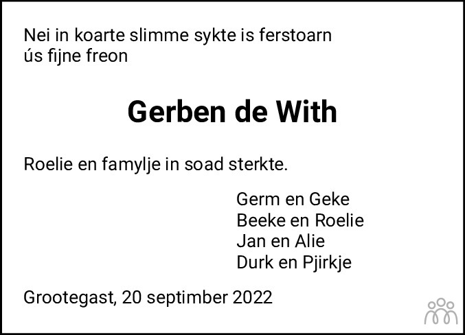 Gerben de With 20-09-2022 overlijdensbericht en condoleances