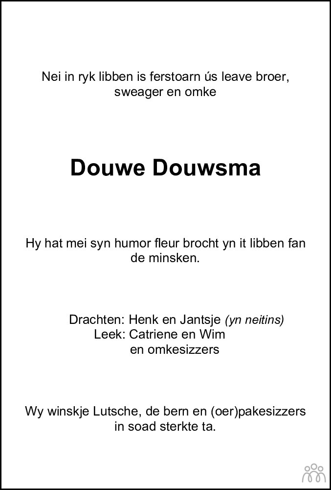 Overlijdensbericht van Douwe Douwsma in Leeuwarder Courant