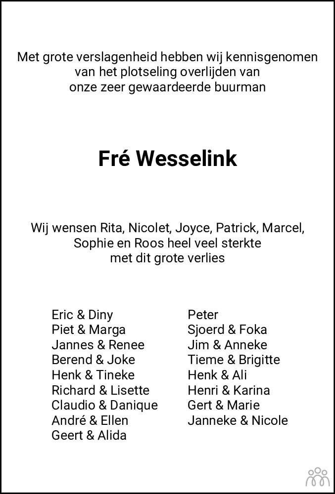 Overlijdensbericht van Fredrikus (Fré) Wesselink in Hoogeveensche Courant