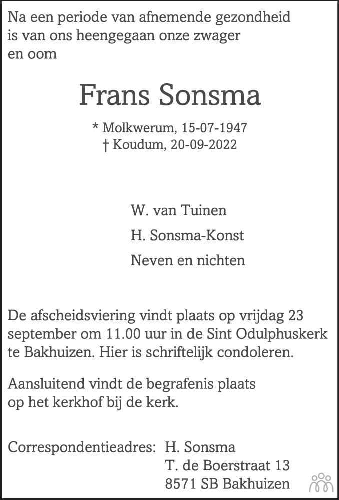 Overlijdensbericht van Frans Sonsma in Leeuwarder Courant