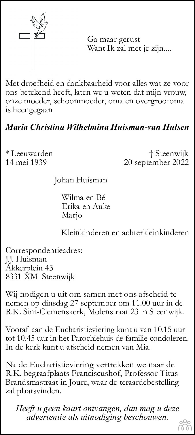 Overlijdensbericht van Maria Christina Wilmina Huisman-van Hulsen in Meppeler Courant