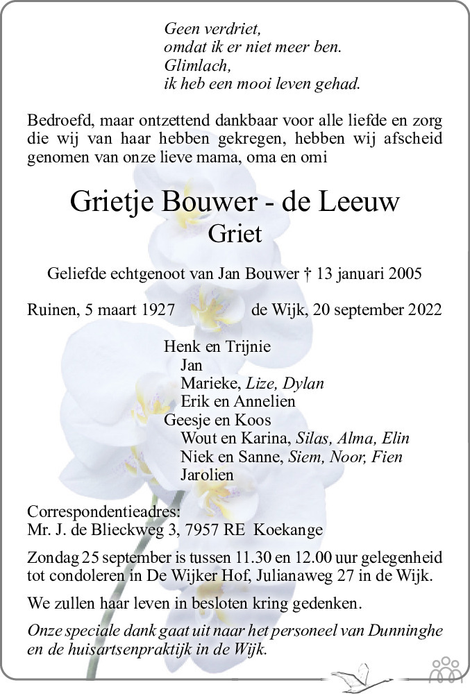 Overlijdensbericht van Grietje (Griet) Bouwer-de Leeuw in Meppeler Courant