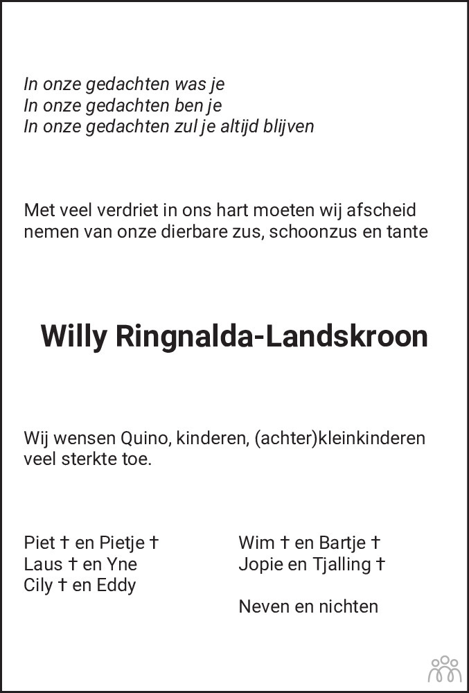 Overlijdensbericht van Wilhelmina Maria Theresia (Willy) Ringnalda-Landskroon in Leeuwarder Courant