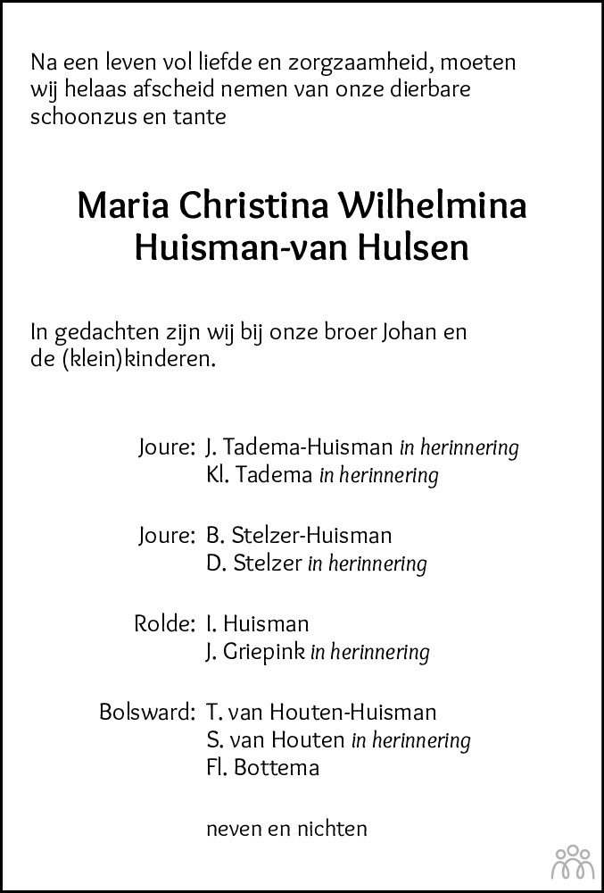 Overlijdensbericht van Maria Christina Wilmina Huisman-van Hulsen in Leeuwarder Courant