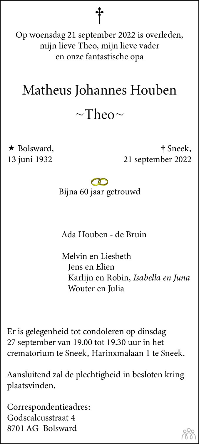 Overlijdensbericht van Matheus Johannes (Theo) Johannes Houben in Leeuwarder Courant