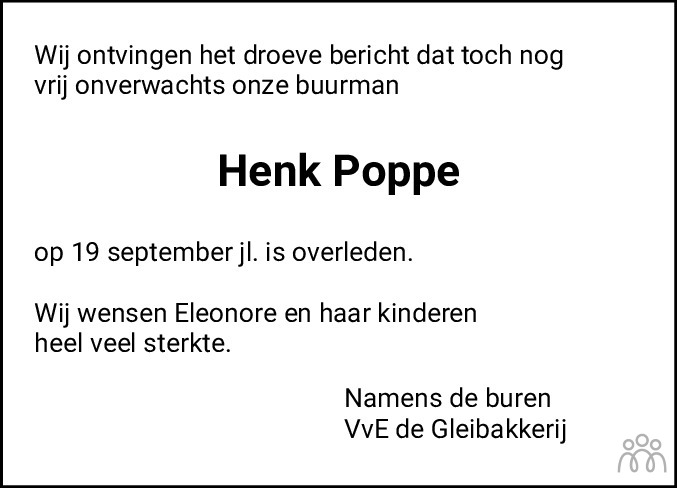 Overlijdensbericht van Henk Poppe in Bolswards Nieuwsblad