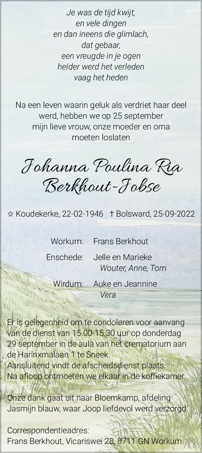 Overlijdensbericht van Johanna Poulina Ria Berkhout-Jobse in Bolswards Nieuwsblad