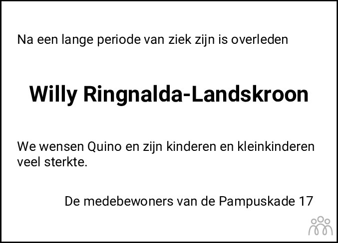 Overlijdensbericht van Wilhelmina Maria Theresia (Willy) Ringnalda-Landskroon in Sneeker Nieuwsblad