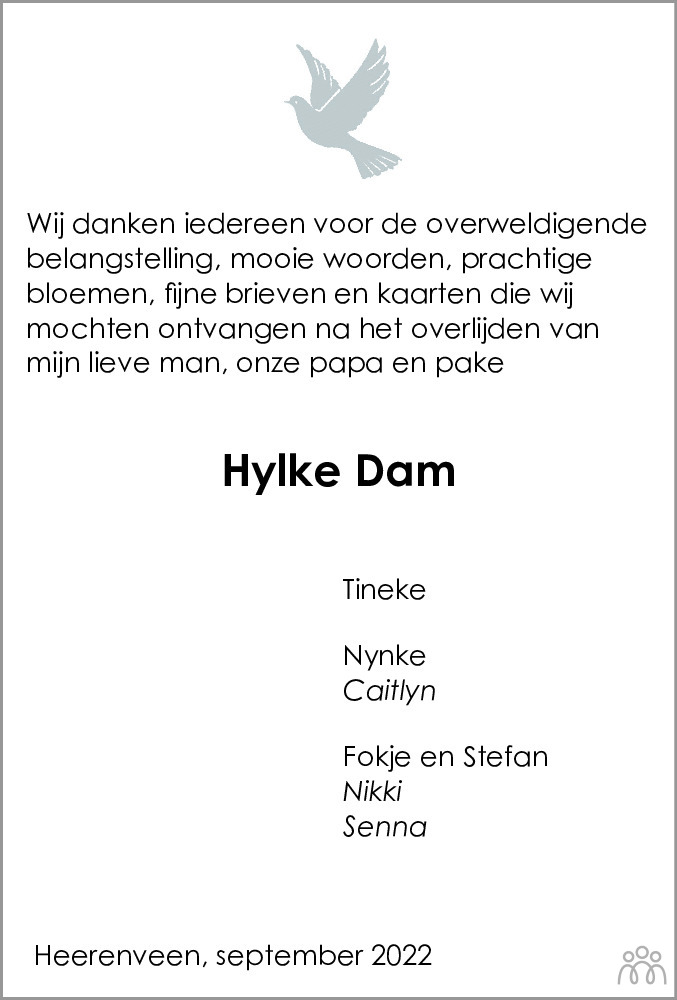 Overlijdensbericht van Hylke Dam in Leeuwarder Courant
