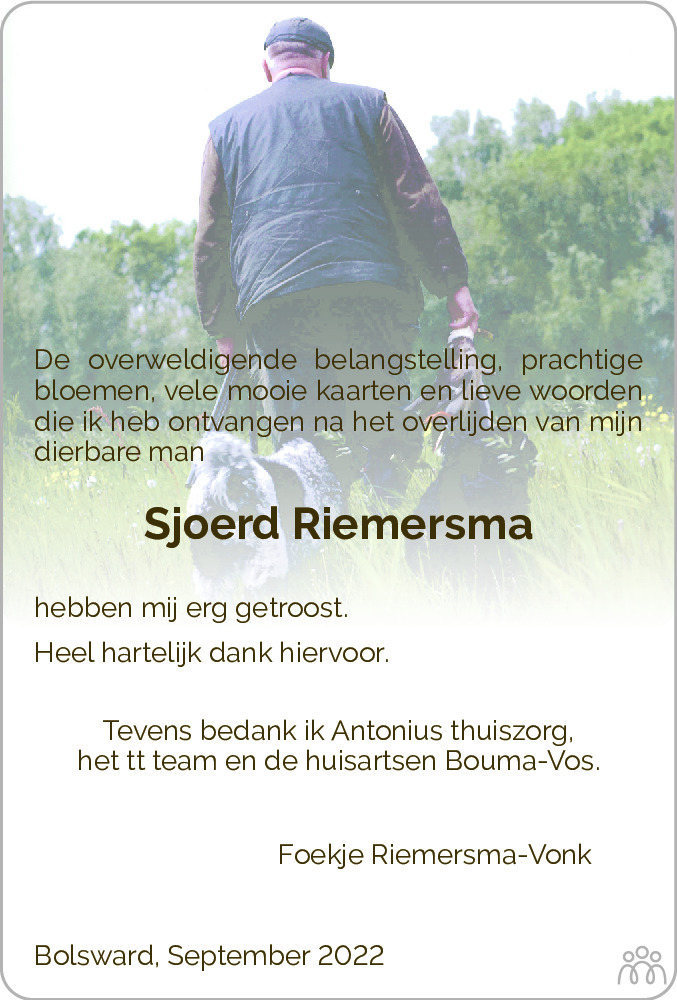 Overlijdensbericht van Sjoerd Riemersma in Bolswards Nieuwsblad