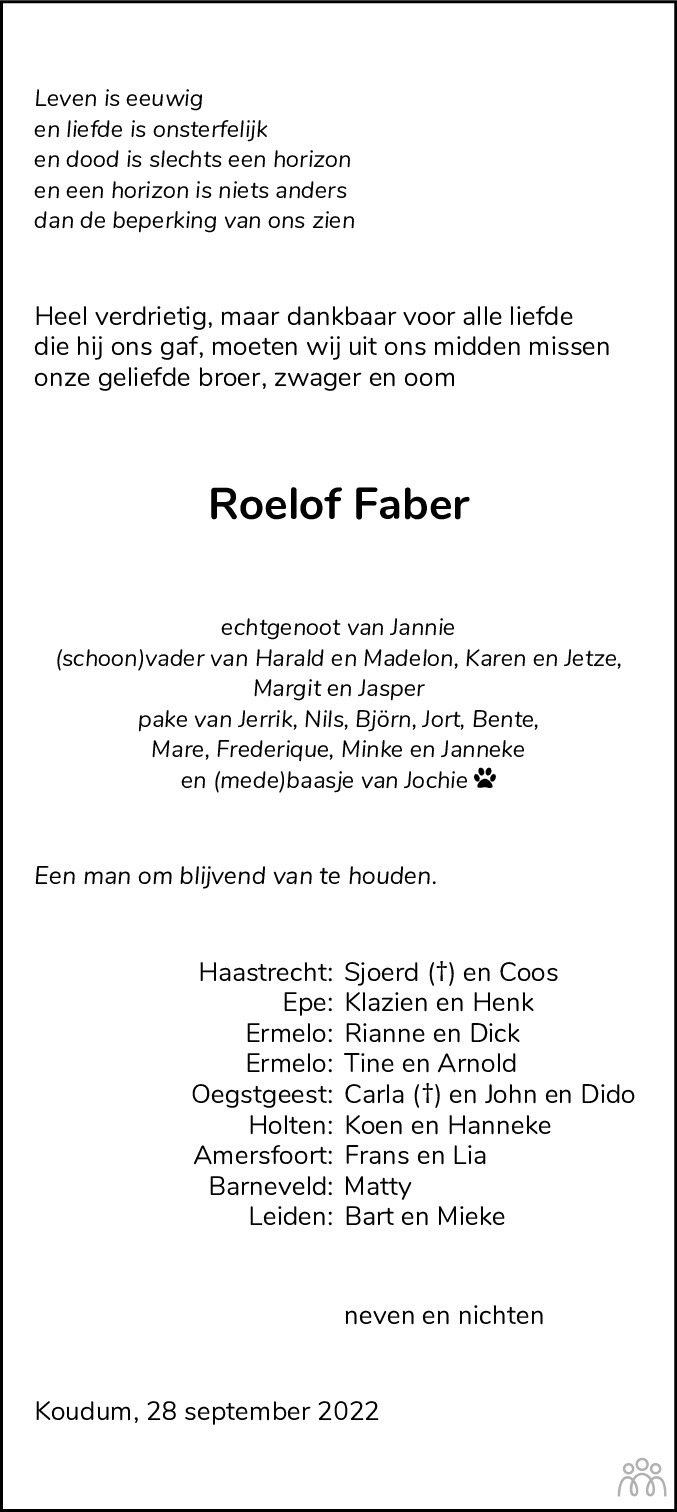 Overlijdensbericht van Roelof Bernhard Faber in Leeuwarder Courant