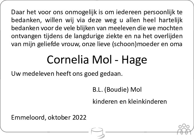 Overlijdensbericht van Cornelia  Mol-Hage in Noordoostpolder