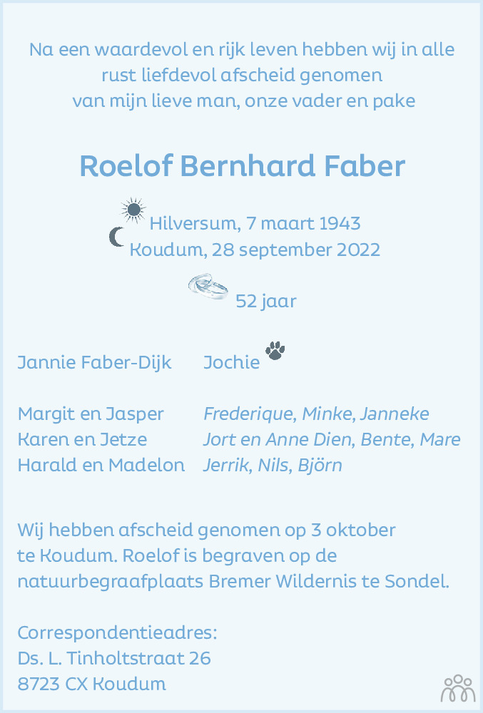 Overlijdensbericht van Roelof Bernhard Faber in Balkster Courant