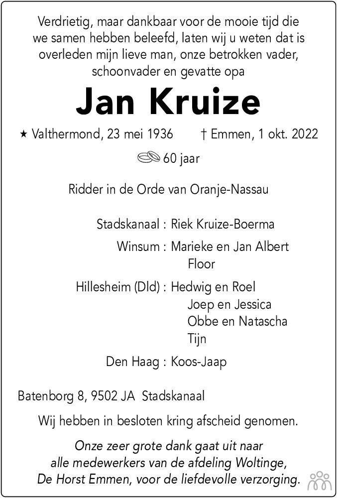 Jan Kruize 01-10-2022 overlijdensbericht en condoleances - Mensenlinq.nl