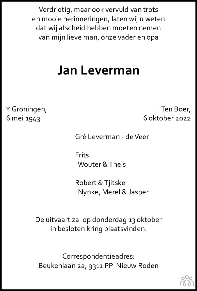 Jan Leverman 06-10-2022 overlijdensbericht en condoleances - Mensenlinq.nl