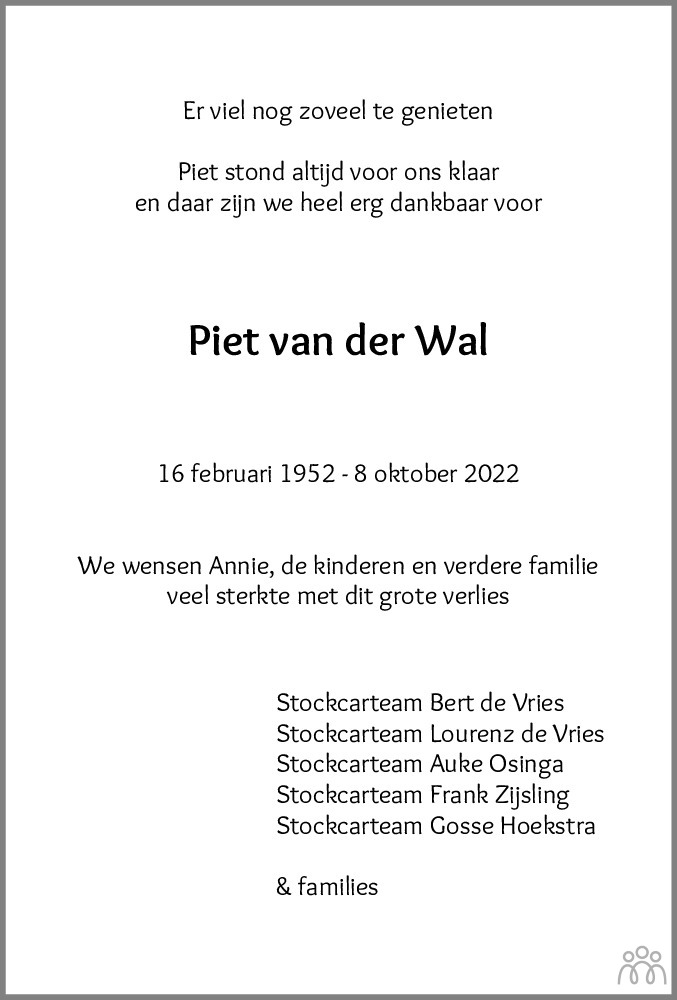 Pieter Henk Piet Van Der Wal 08 10 2022 Overlijdensbericht En Condoleances Mensenlinq Nl