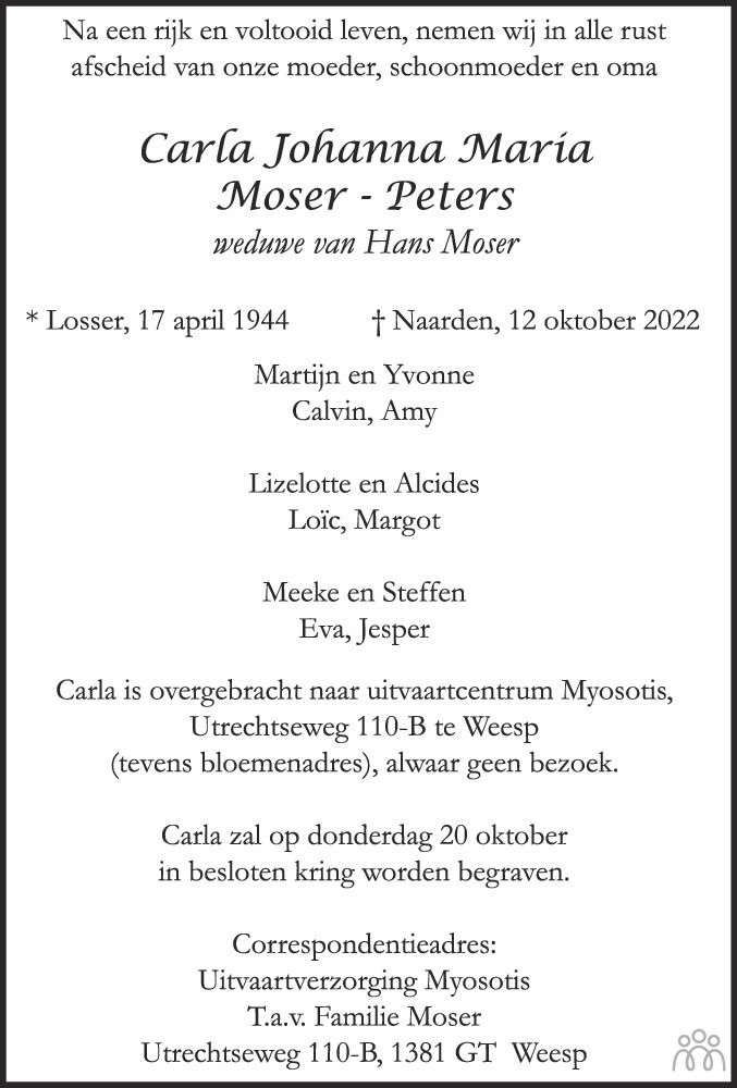 Overlijdensbericht van Carla Johanna Maria Moser-Peters in Leeuwarder Courant