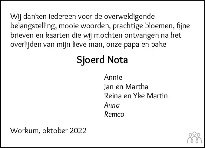 Overlijdensbericht van Sjoerd Nota in Bolswards Nieuwsblad
