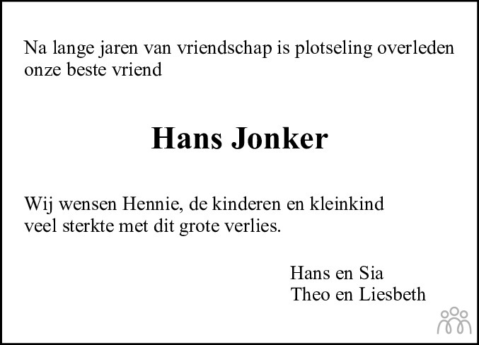 Johannes (Hans) Jonker 14102022 overlijdensbericht en condoleances