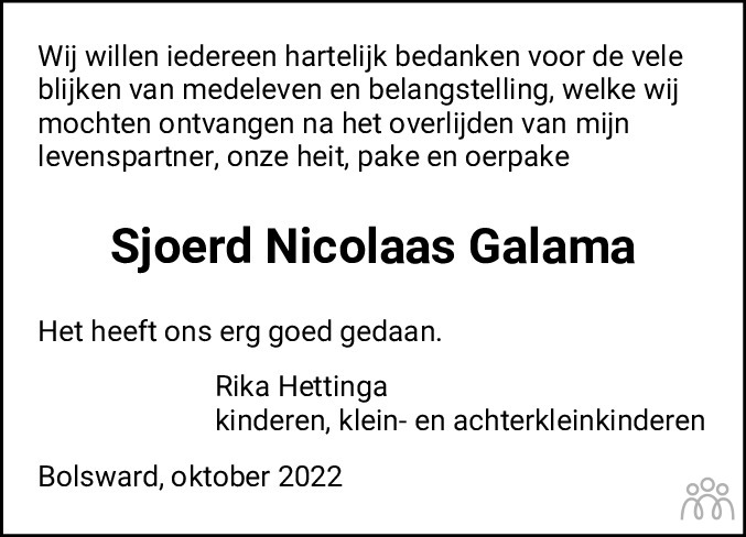 Overlijdensbericht van Sjoerd Galama in Bolswards Nieuwsblad
