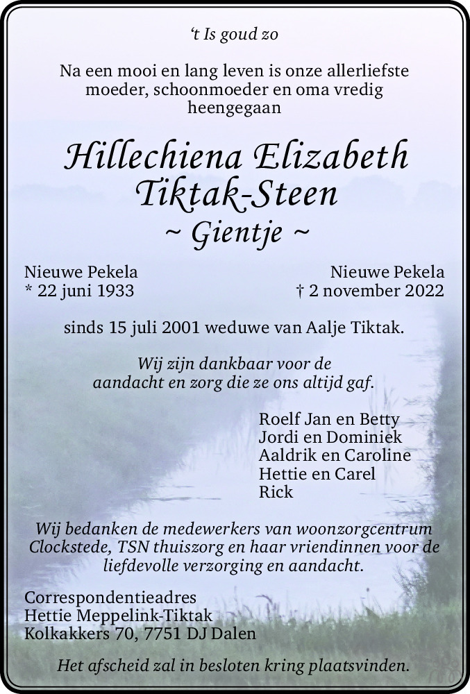 Hillechiena Elizabeth (Gientje) Tiktak-Steen 02-11-2022 ...