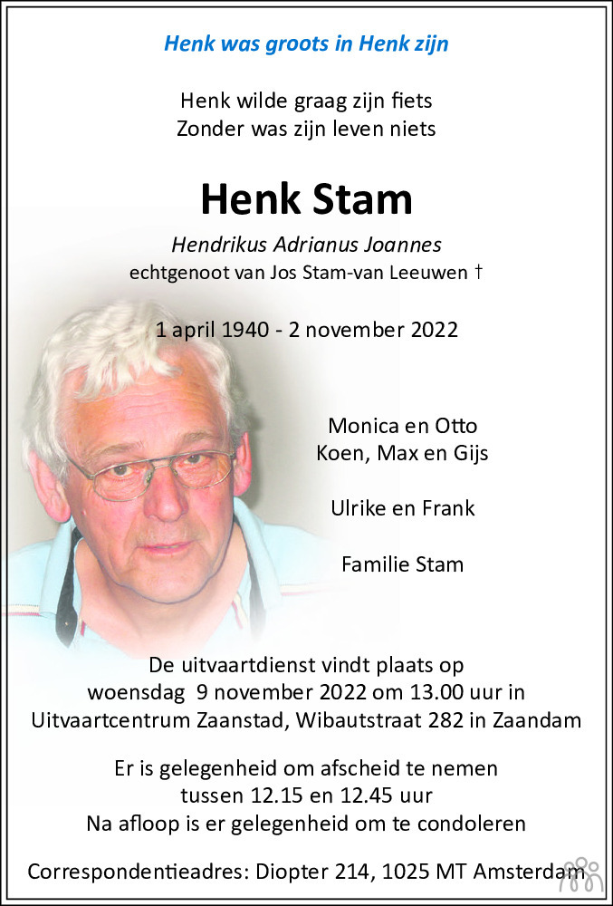 Henk Hendrikus Adrianus Joannes Stam 02 11 2022 Overlijdensbericht En