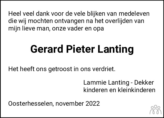 Overlijdensbericht van Gerard Pieter Lanting in Dagblad van het Noorden