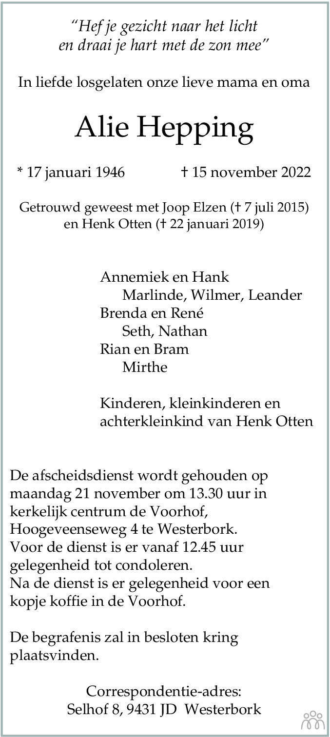 Alie Hepping 15112022 overlijdensbericht en condoleances Mensenlinq.nl