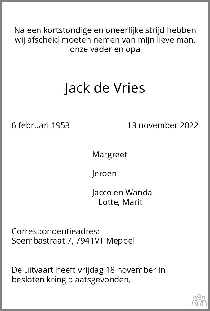 Jack de Vries 13112022 overlijdensbericht en condoleances Mensenlinq.nl