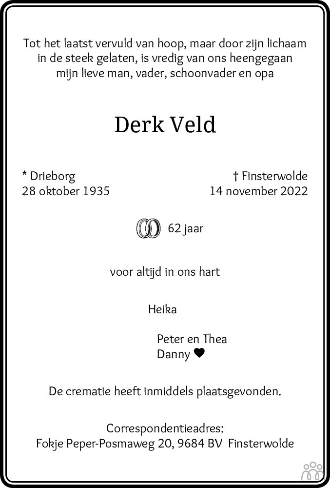 Overlijdensbericht van Derk Veld in Streekblad/Pekelder Streekblad