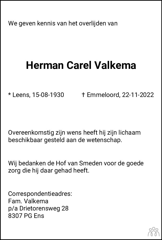 Overlijdensbericht van Herman Carel Valkema in Noordoostpolder