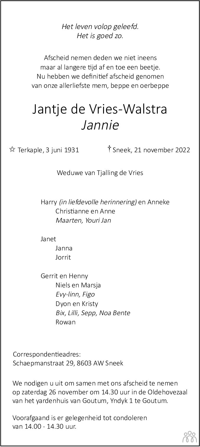Overlijdensbericht van Jantje (Jannie) de Vries-Walstra in Leeuwarder Courant