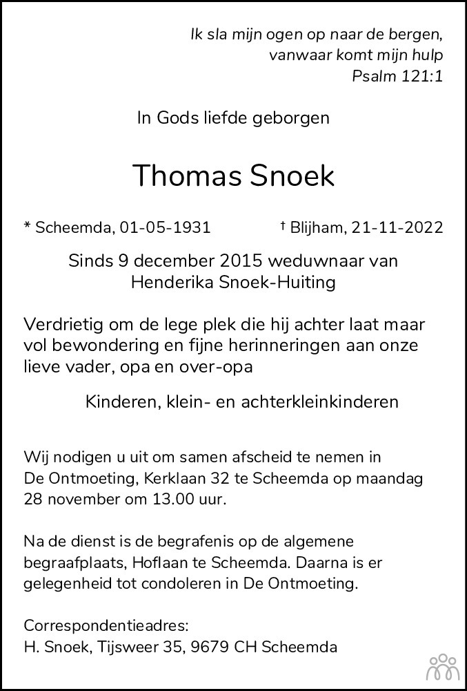Overlijdensbericht van Thomas Snoek in Dagblad van het Noorden