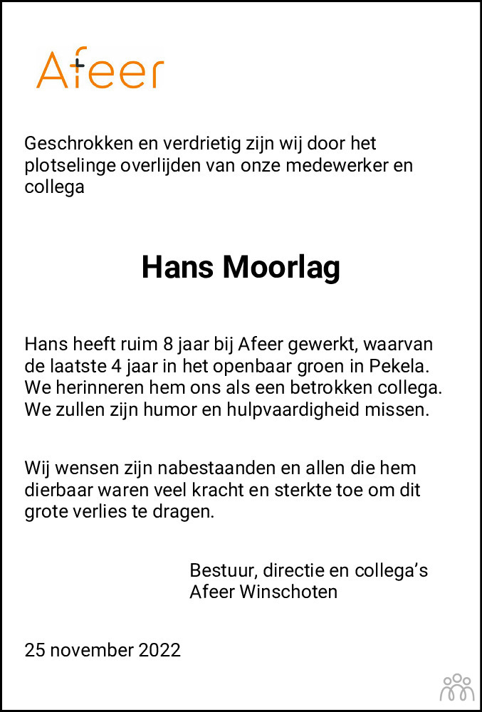 Overlijdensbericht van Hans Moorlag in Dagblad van het Noorden