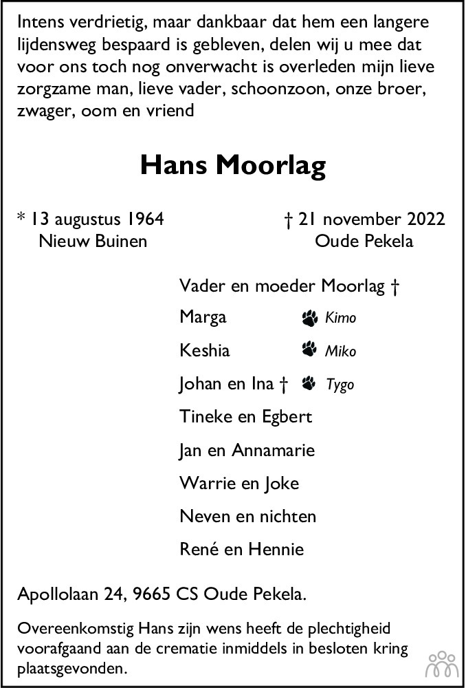 Overlijdensbericht van Hans Moorlag in Kanaalstreek Ter Apeler Courant
