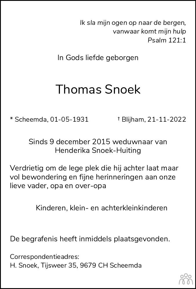 Overlijdensbericht van Thomas Snoek in Kanaalstreek Ter Apeler Courant