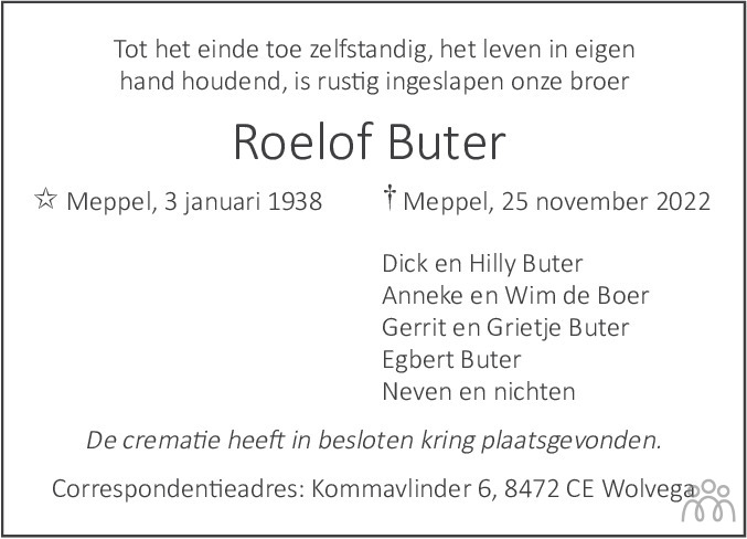 Roelof Buter Overlijdensbericht En Condoleances Mensenlinq Nl