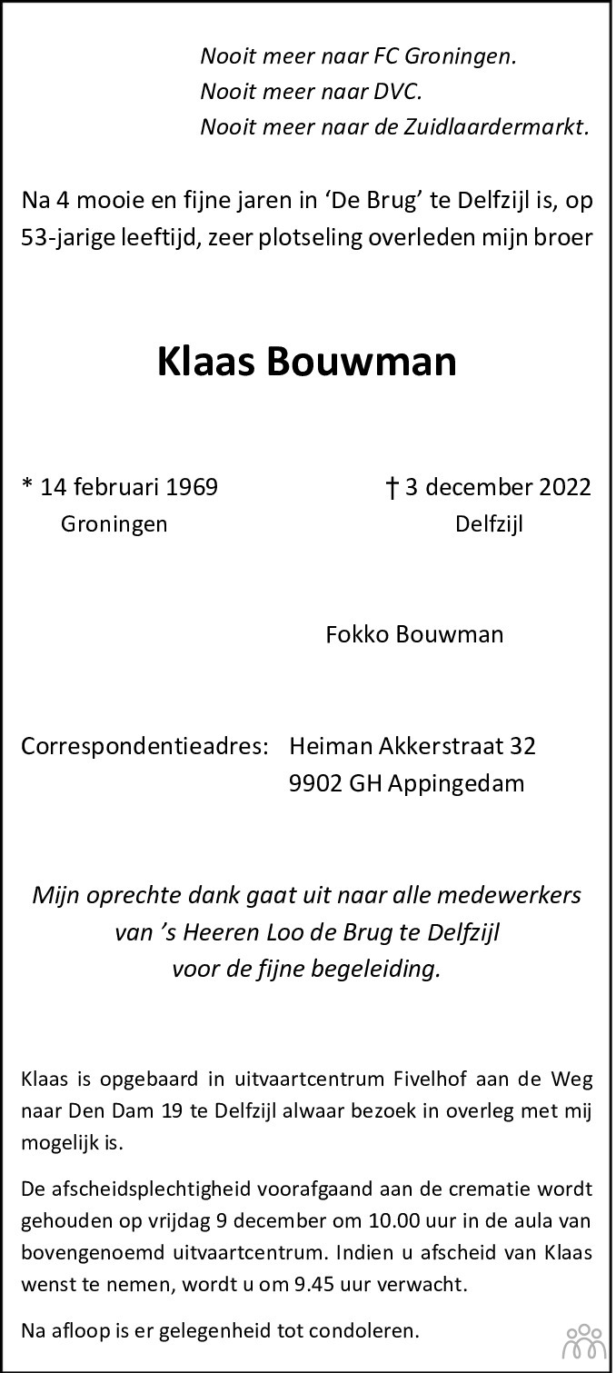 Klaas Bouwman 03 12 2022 Overlijdensbericht En Condoleances Mensenlinq Nl