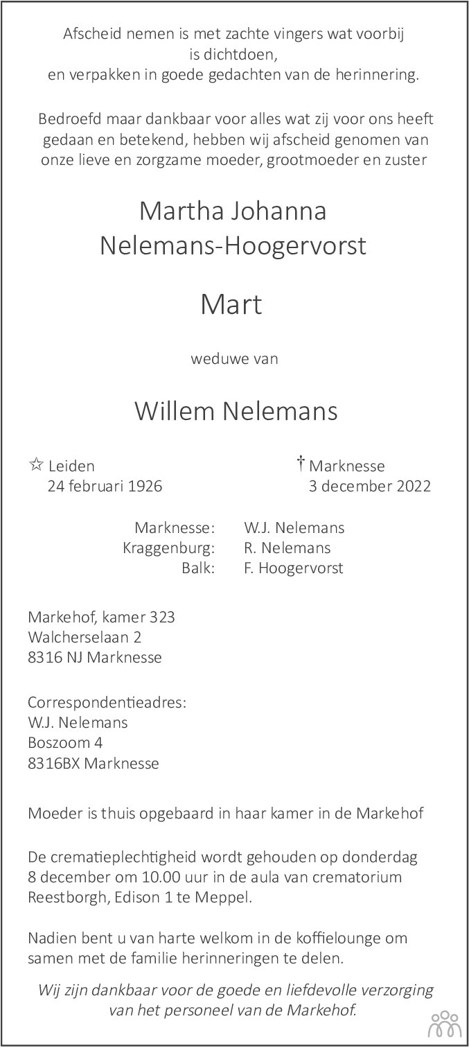 Overlijdensbericht van Martha Johanna (Mart) Nelemans-Hoogervorst in Noordoostpolder