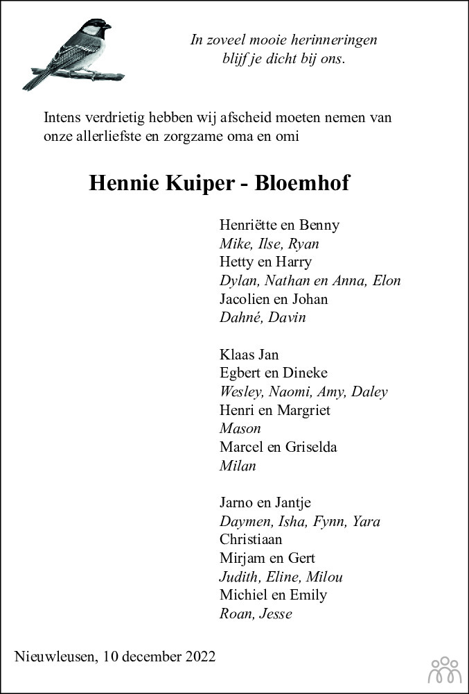 Hendrikje (Hennie) Kuiper-Bloemhof 10-12-2022 Overlijdensbericht En ...