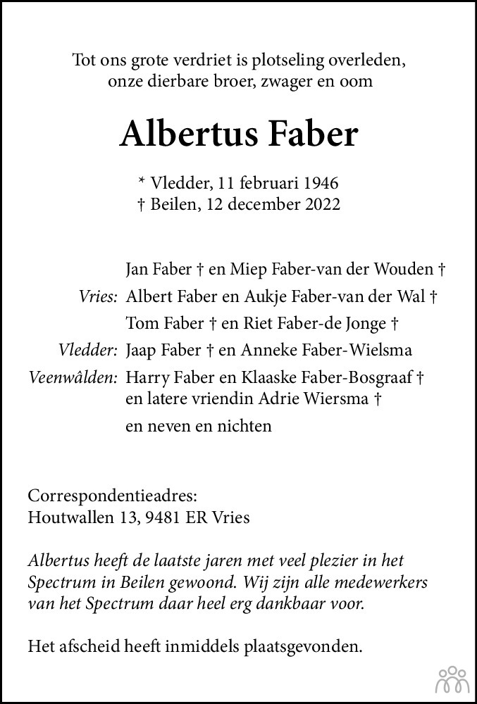 Albertus Faber 12 12 2022 Overlijdensbericht En Condoleances 