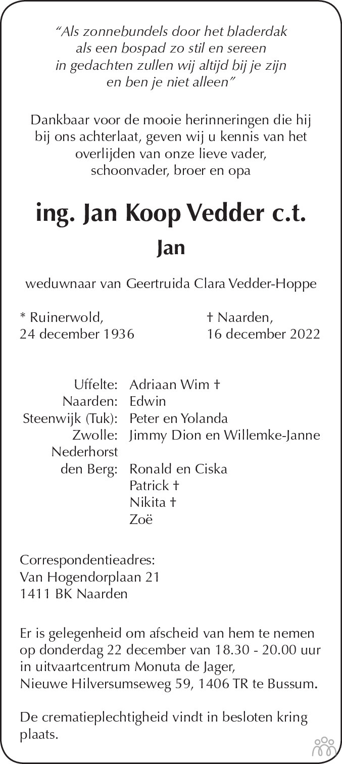 Overlijdensbericht van Jan Koop Vedder in Meppeler Courant