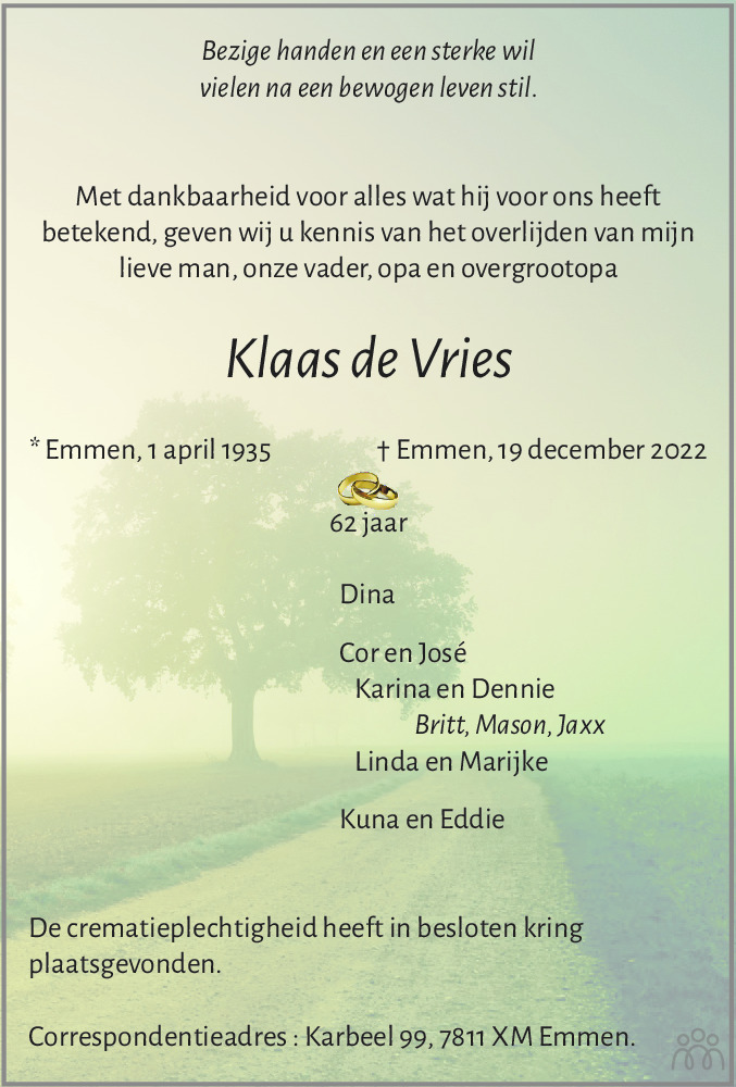 Klaas de Vries 19-12-2022 overlijdensbericht en condoleances ...