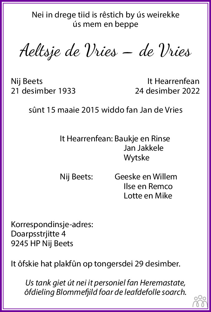 Aaltje de Vries-de Vries 24-12-2022 overlijdensbericht en condoleances ...