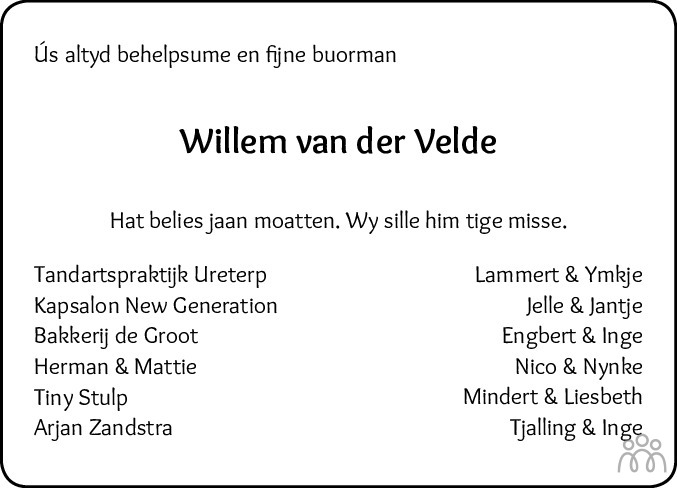 Willem van der Velde 29-12-2022 overlijdensbericht en condoleances