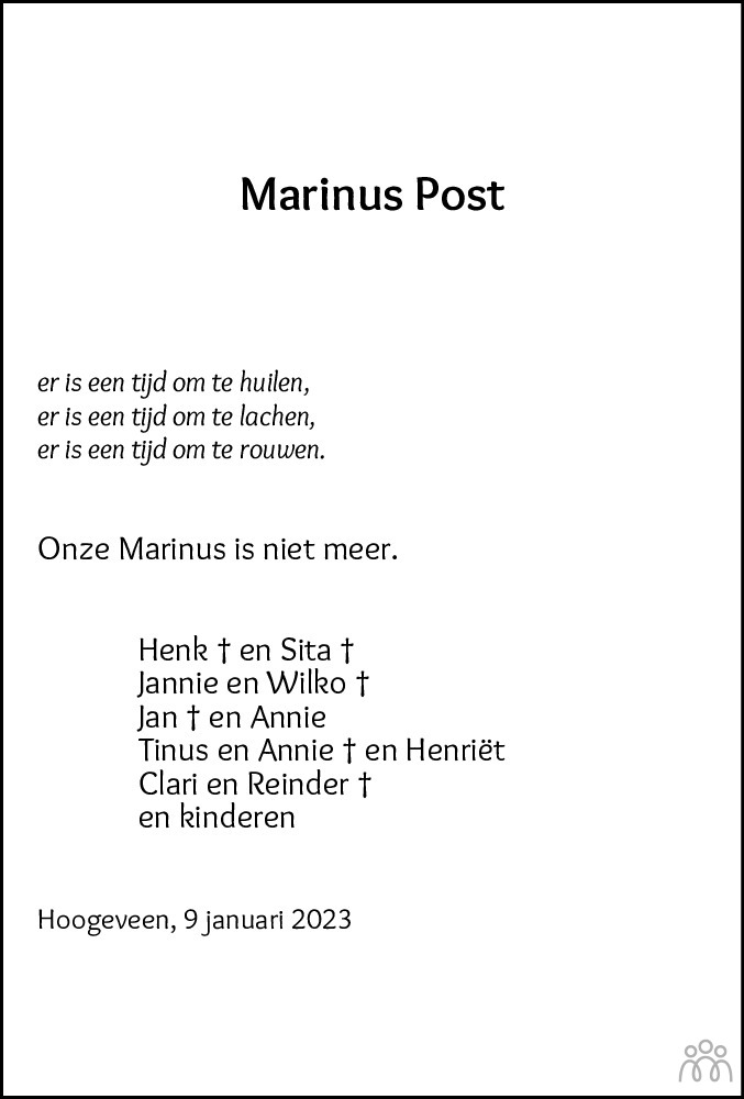 Marinus Post Overlijdensbericht En Condoleances Mensenlinq Nl