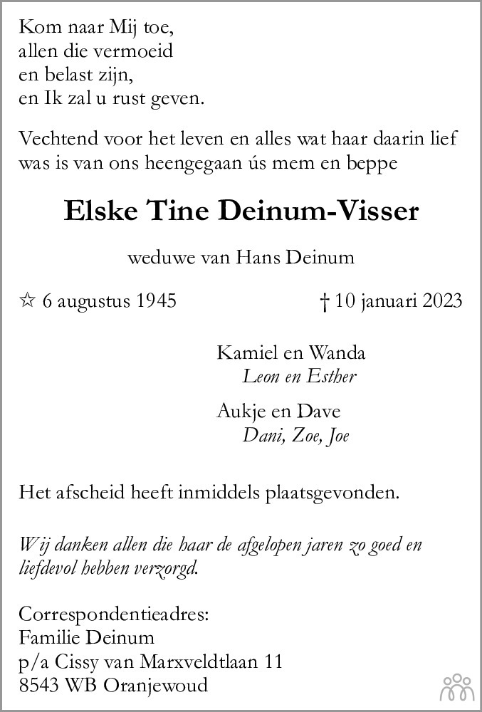 Elske Tine Deinum-Visser 10-01-2023 overlijdensbericht en condoleances ...